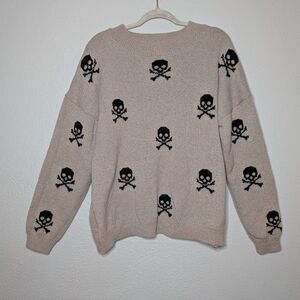 No Boundaries Girls Beige Tan Knit Goth Skull Crossbones Casual Sweater XXL